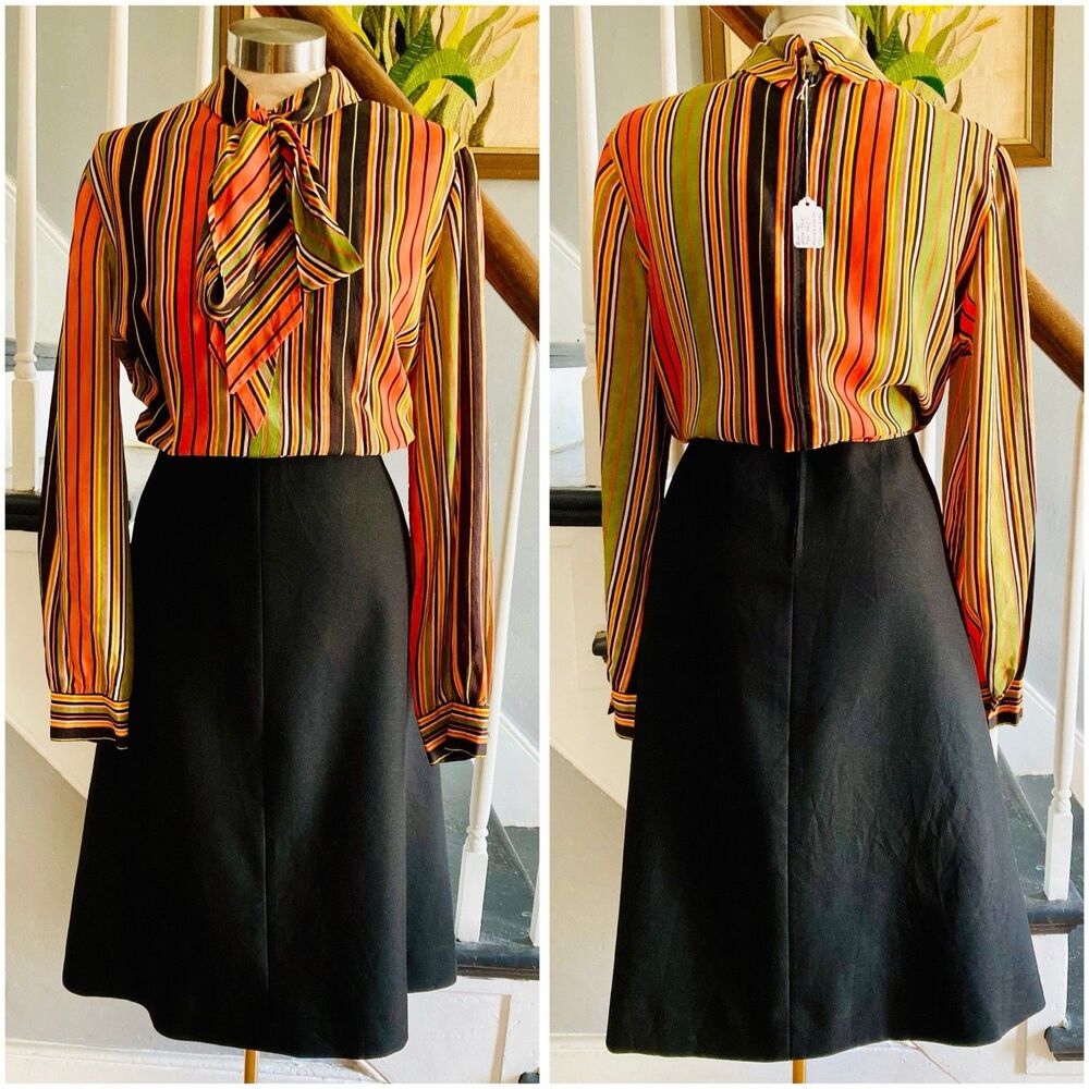 1970s Psychedelic Striped Wear To Work A-line Shirt Dress Bow Orange Black